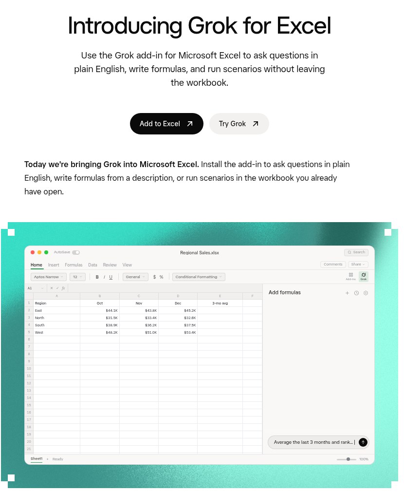 صفحهٔ معرفی افزونهٔ Grok for Excel