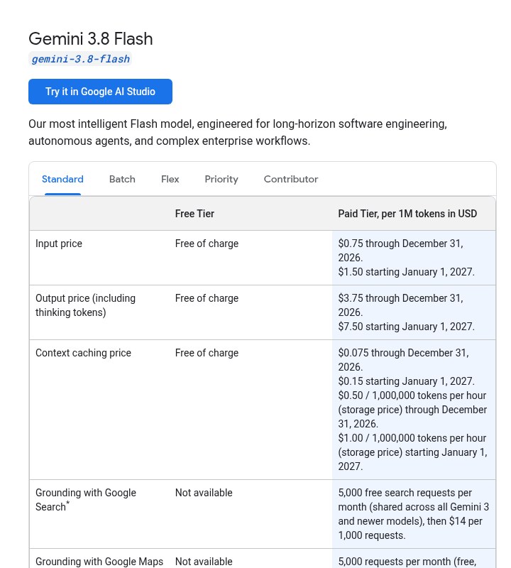 جدول قیمت Gemini 3.8 Flash با قیمت فعلی و قیمت از ژانویه ۲۰۲۷