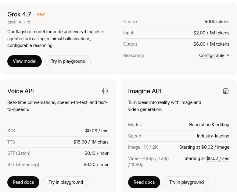صفحهٔ مدل Grok 4.7 در مستندات API
