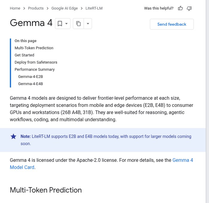 صفحهٔ مدل Gemma 4 در مستندات LiteRT-LM گوگل